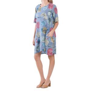 Cristina Vergani Womens Linen Dress Abstract Print  Blue Size Large Art to Wear